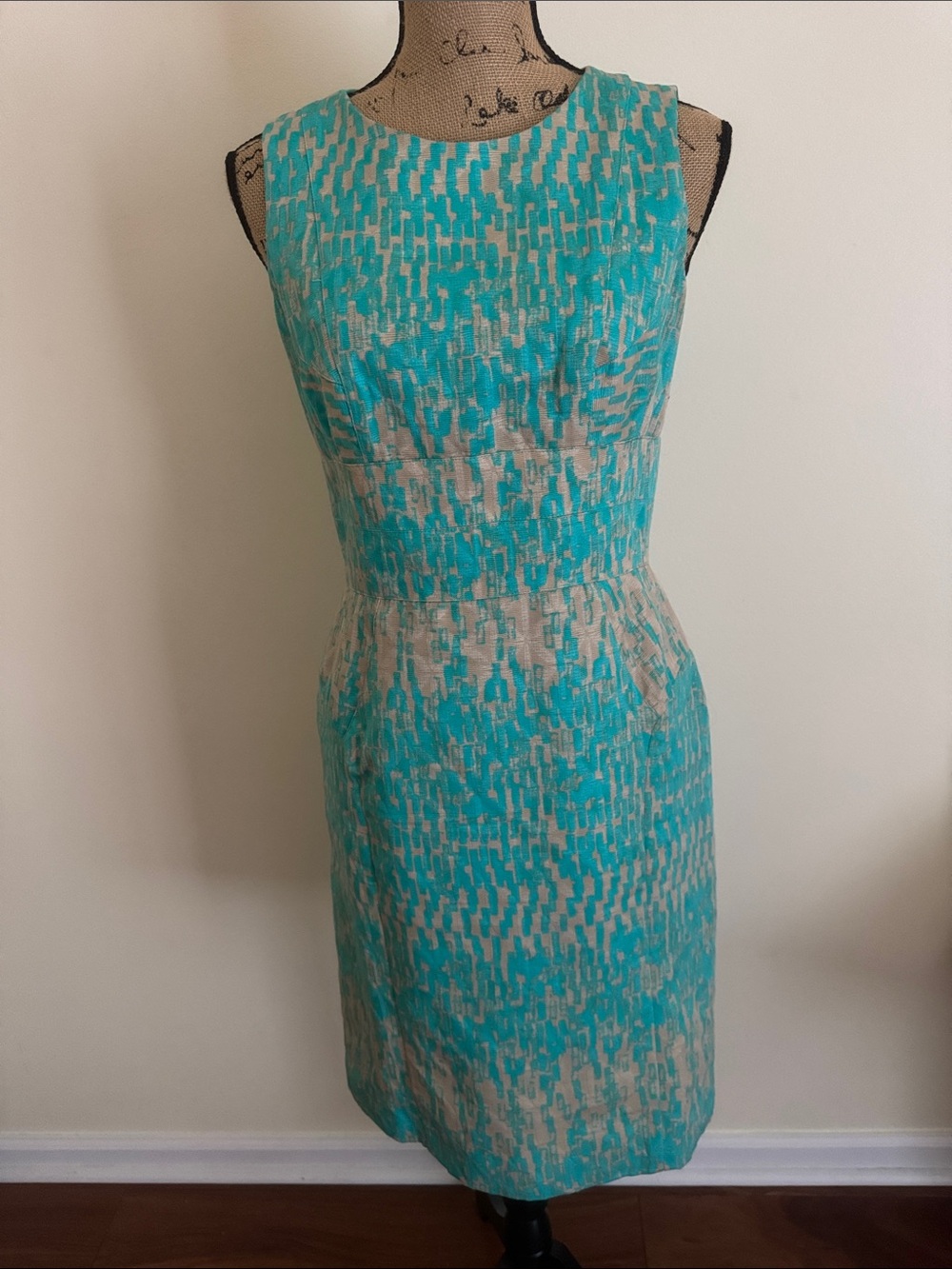 Just...Taylor Turquoise and Cream Sleeveless Midi Sheath Dress